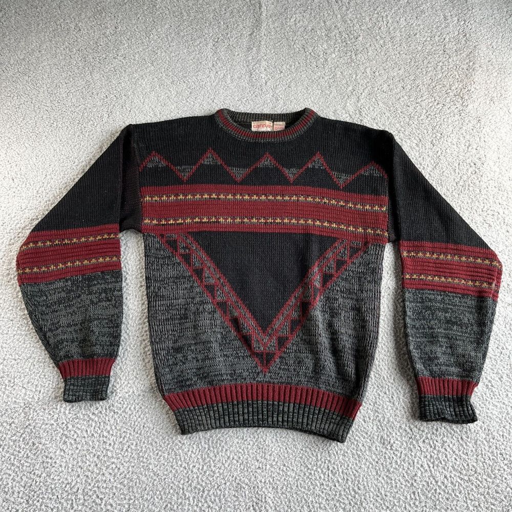 Vintage Campus Sweater Mens Medium Black Red‎ Geometric Aztec Grandpa Grunge 60s